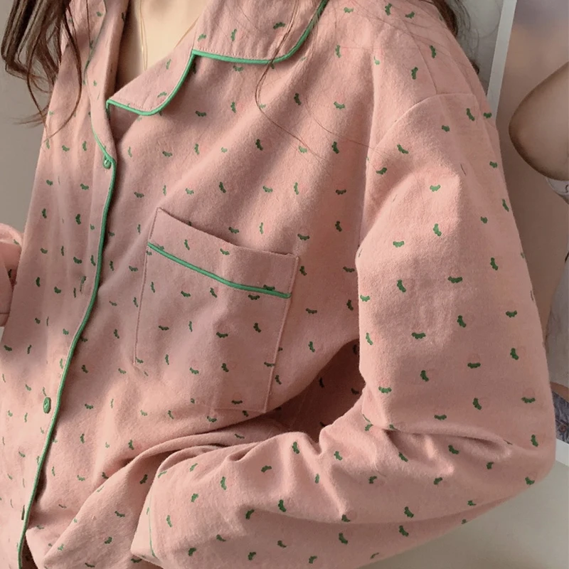 Women Pajamas Set Korean Summer Cute Heart Print Long Sleeve