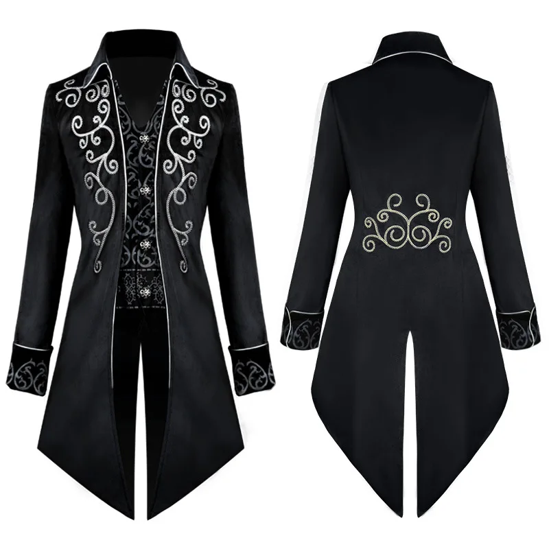 

Wepbel Medieval Jackets Coats Men Long Sleeve Vintage Embroidery Halloween Swallowtail Jacket Outwear Mid-Length Punk Overcoat