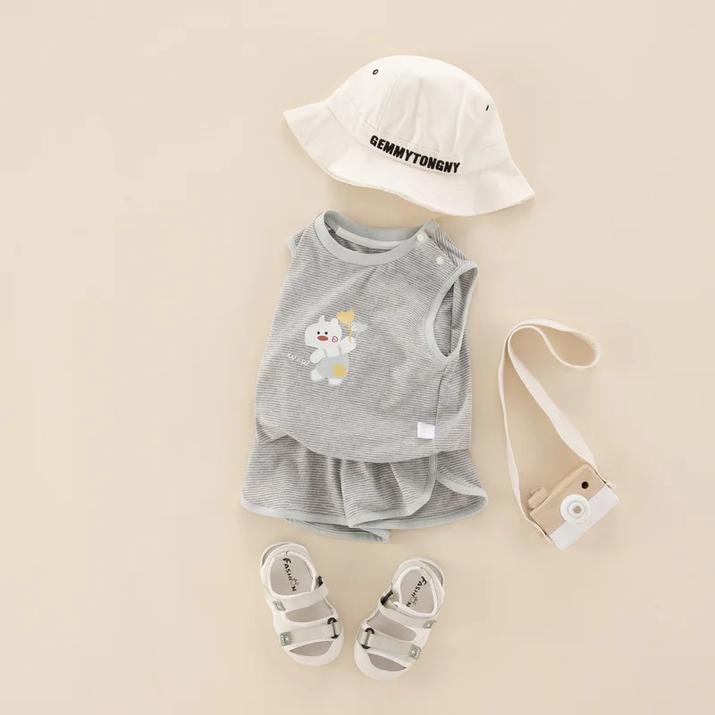 민소매  코튼 티셔츠 및 반바지 세트, 한국 스타일 여아 캐주얼 의류, 2024 신상 유행 여름