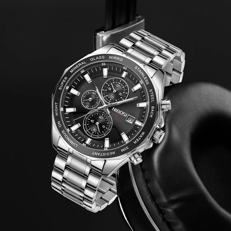 NIBOS Sport Big Dial Mens Watches Top Brand Luxury Stainless Steel Waterproof Chronograph Quartz Watch for Men Relogio Masculino