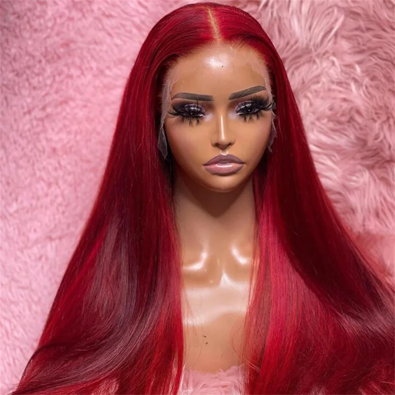 

Soft 26inch 180Density Long Red Silky Straight Lace Front Wig For Women BabyHair Glueless Preplucked Heat Resistant Daily Wig