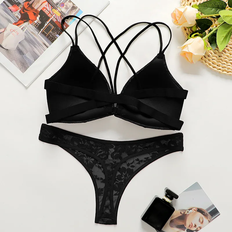 Hot Selling Sexy Lace Underwear Set European and American Style Backless Front Buckle Bra Set