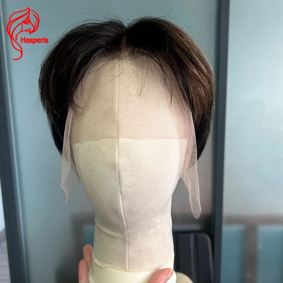 헤스페리스 블론드 하이라이트 풀 레이스 가발 (남성용) 짧은 픽시컷 투명 레이스 프론트 레미 인모 가발 남성 헤어 교체용