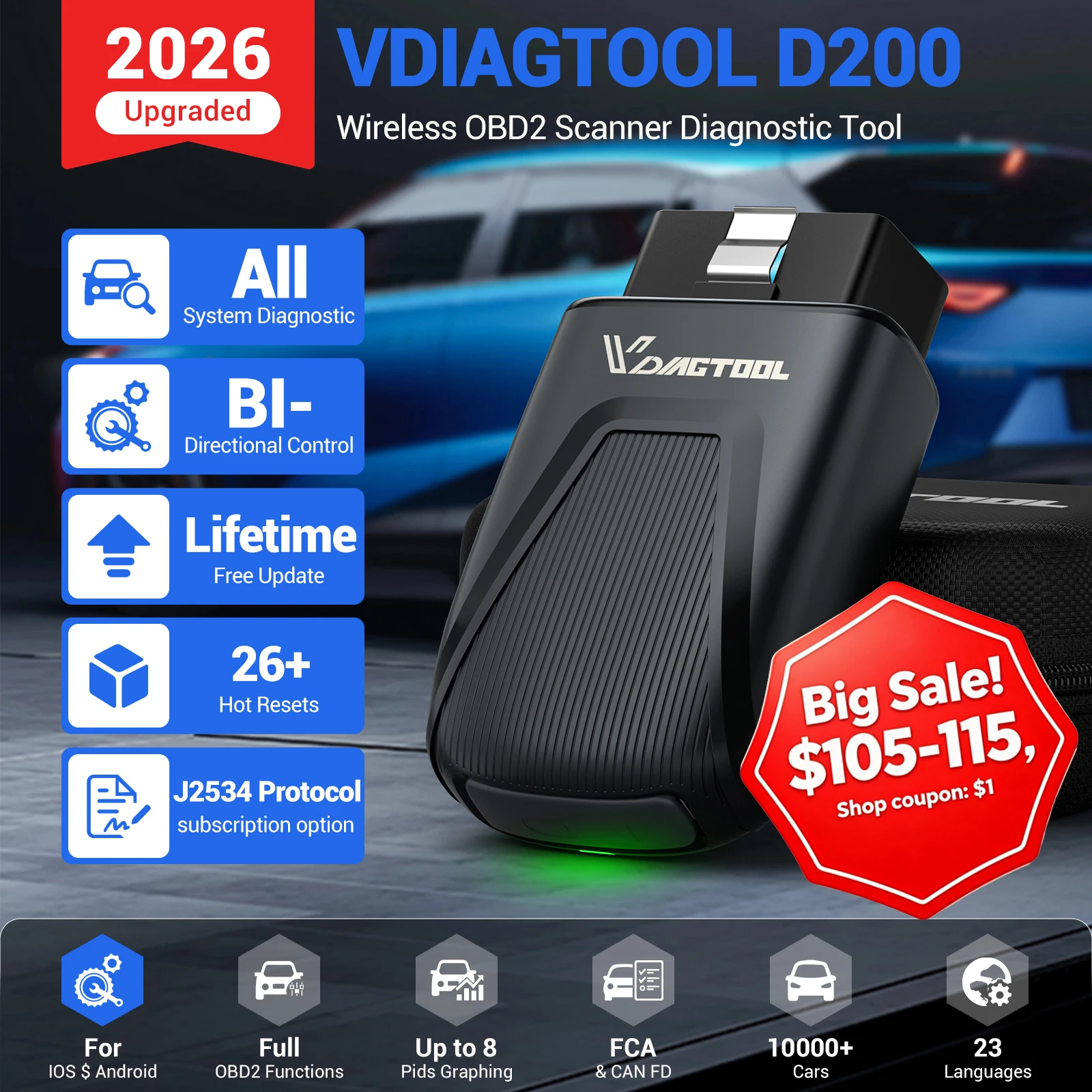 Escáner de Diagnóstico para Automóviles VDIAGTOOL D200 Bluetooth J2534 con IA Asistida, OBD2, 26+ Funciones de Reinicio, Prueba Activa de Todos los Sistemas, Actualización Gratuita de por Vida para FCA（En stock en Espa