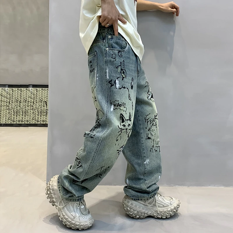 High street handsome men's jeans personalized graffiti printing casual pants spring and summer models trend loose straight pants 5