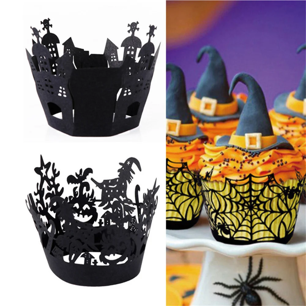 12Pcs Spider Web Witch Castle Cupcake Cake Wrappers Halloween Party Decoration 