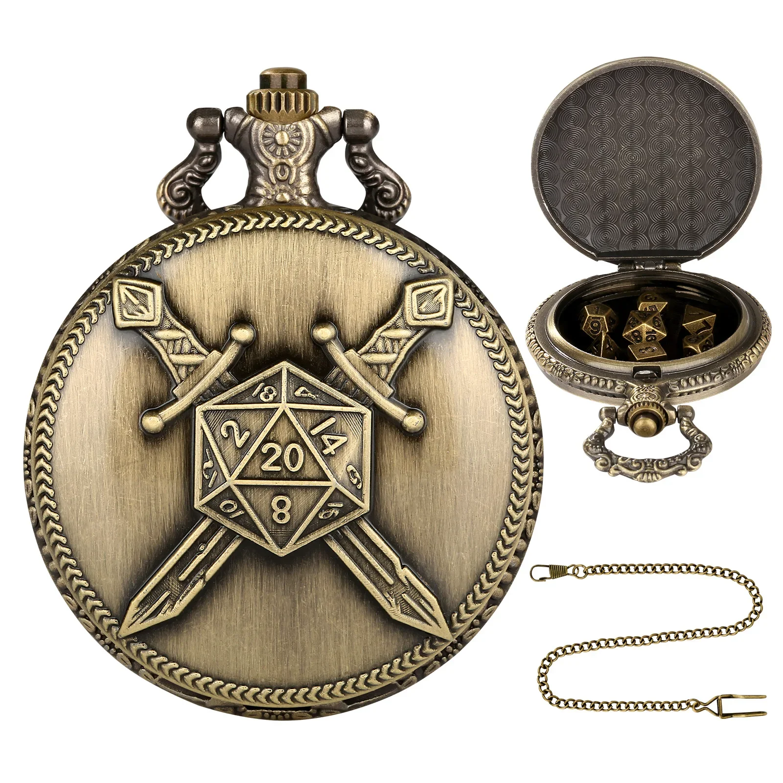 Vintage-Inspired Double Dragon DND Dice Jewelry Pocket Watch Case with 7 Metal Dice Set