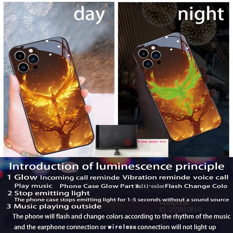 Flame Phoenix LED Glow Glass Back Luminous Phone Case with Eagle Design