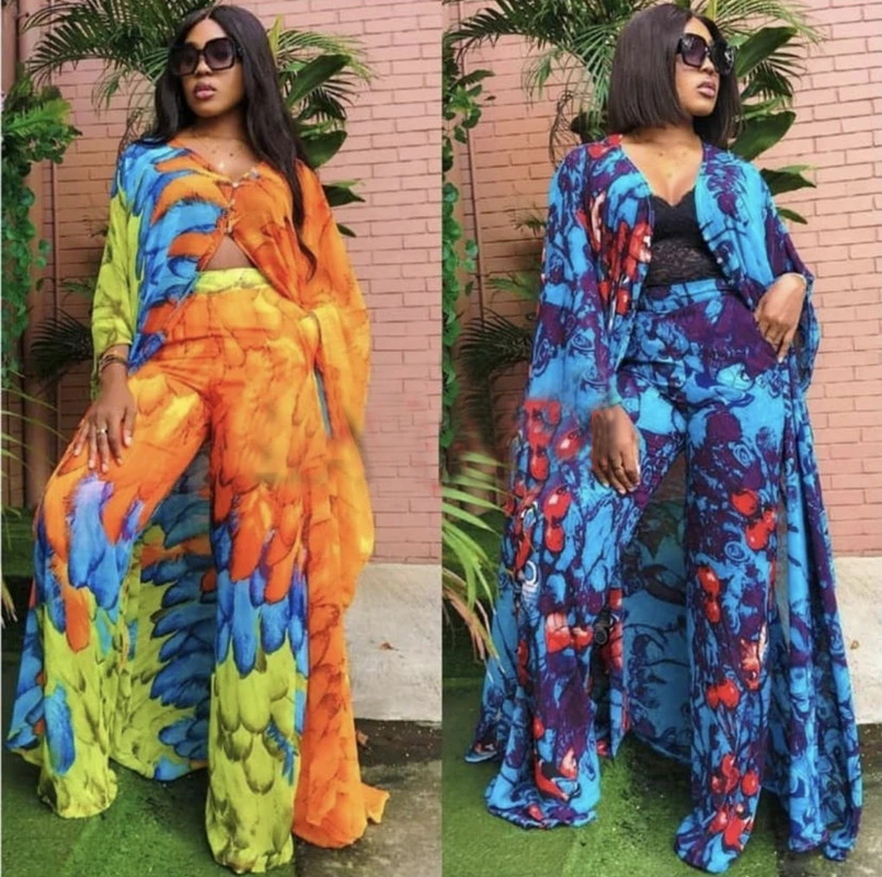 

Fashion Boubou Robe Outfits 2 Piece Streetwear Sets Women Chiffon Long Abaya & Wide Leg Pant Suits Print Dashiki African Clothes