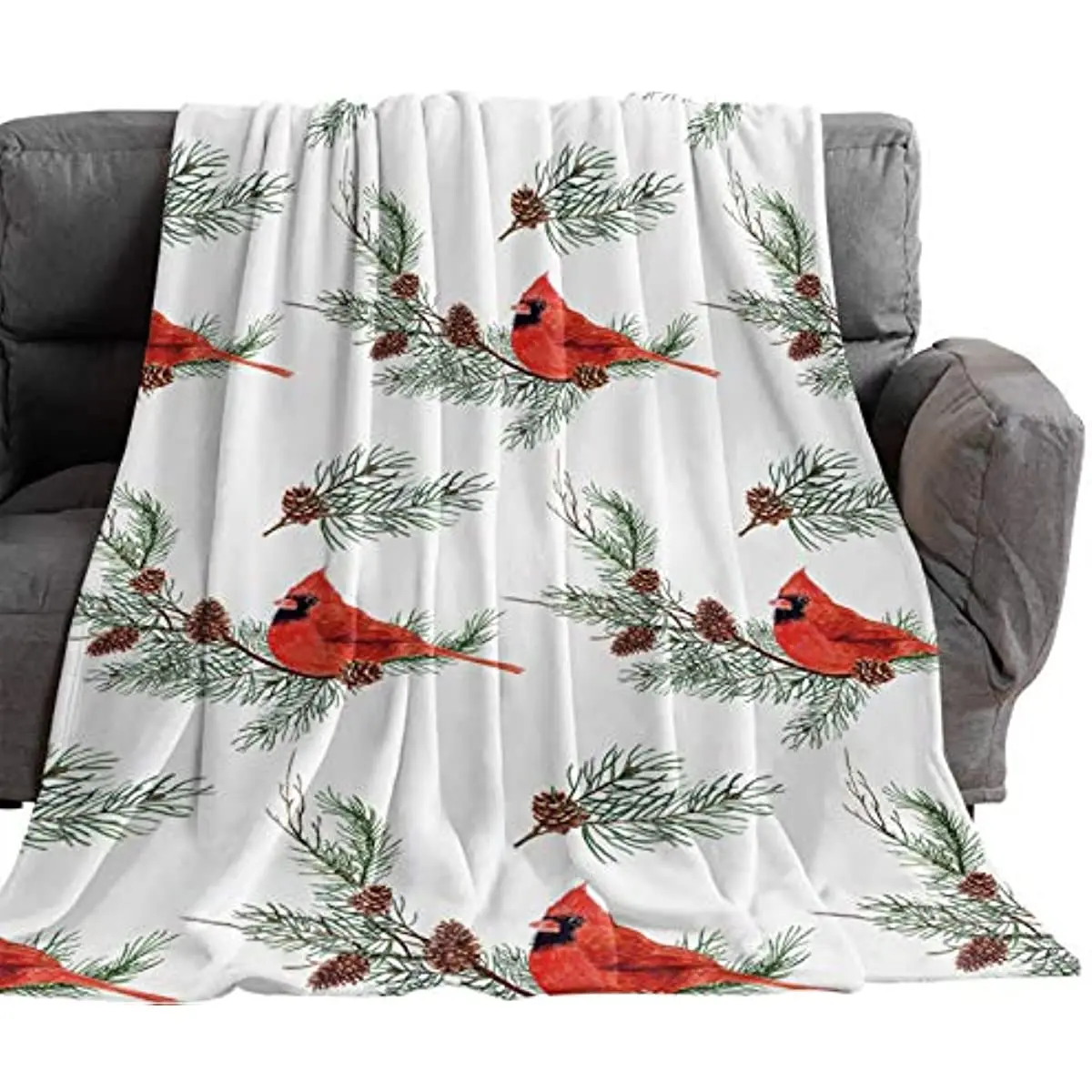 

SUN-Shine Christmas Cardinal Throw Blankets, Cardinal Birds with Pine Cones Leaves Fuzzy Flannel Fleece Throws Luxury Super Soft