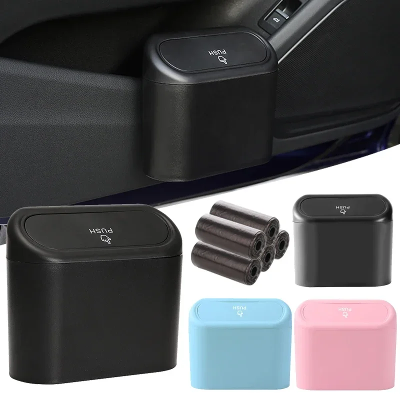 Car Trash Can with Lid Hanging Dustbin Garbage Box Car Interior Storage Case Trash Door Seat Clip Stand Holder Accessories