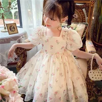1-8 Years Old Summer Full Print Rose Flower Lace Girls Dress Big Bow Pearl decoration Princess Party Dress For Kids