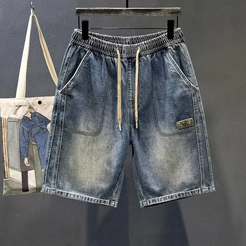 Men's Vintage Denim Shorts Summer Straight-leg Pants Loose-fit Elastic Waist Casual Five-minute Jeans
