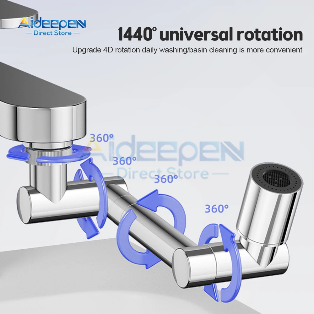 Universal Retractable Faucet Aerator 1440° Rotatable Robotic Arm Extender 2 Water Outlet Mode Bathroom Sink Swivel Splash Filter