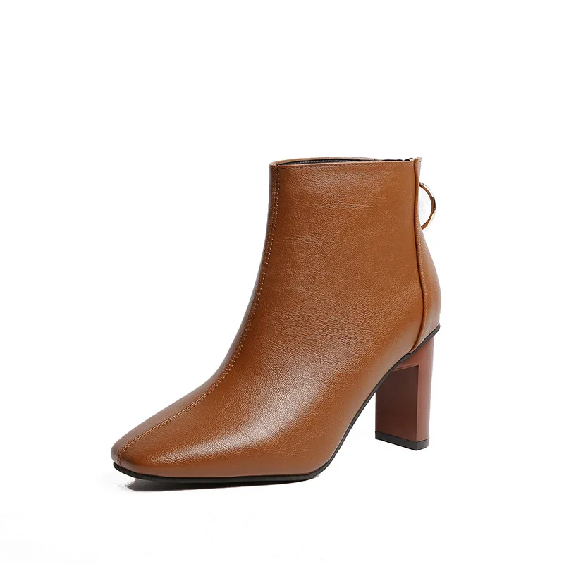 Luxury New Leather Boots for Women Square Toe High Heel Ankle Boots Zipper Short Boots Thick Heel Boots Woman Shoes Ladies