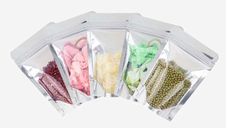 100 Stücke Transparent Silber Aluminium Reißverschluss Selbststehende Beutel Lebensmittel Trockenes Fleisch Zuckerbohnen Schokolade Snacks Verpackung Plastiktüten – Detail 13