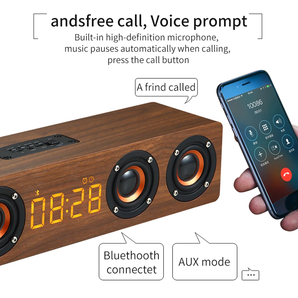 Rechargeable Bluetooth Wooden Alarm Clock with Soundbar Speaker and FM Radio