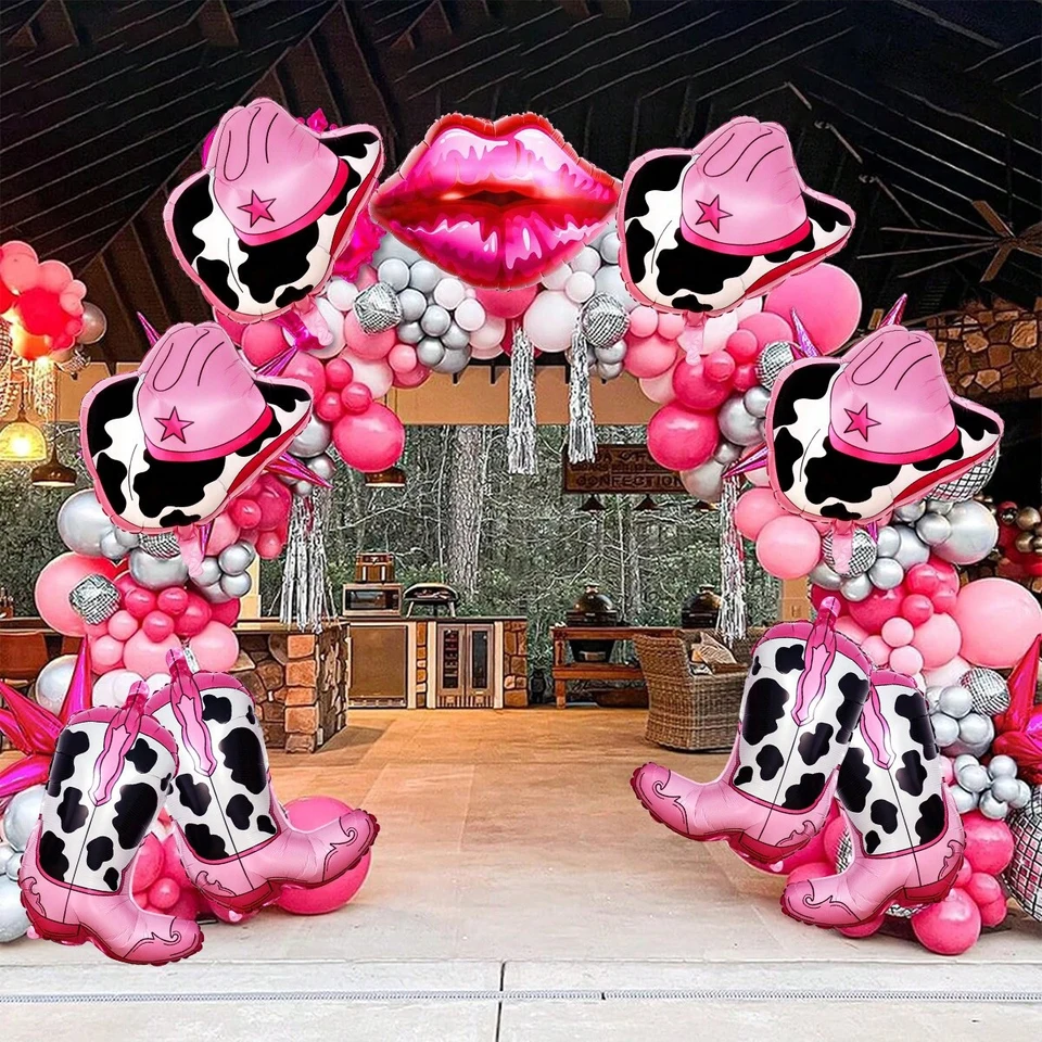 33-Pc Disco Cowgirl Balloon Set - Pink Cowboy Hat, Boot & Disco Ball For Western Party Decor