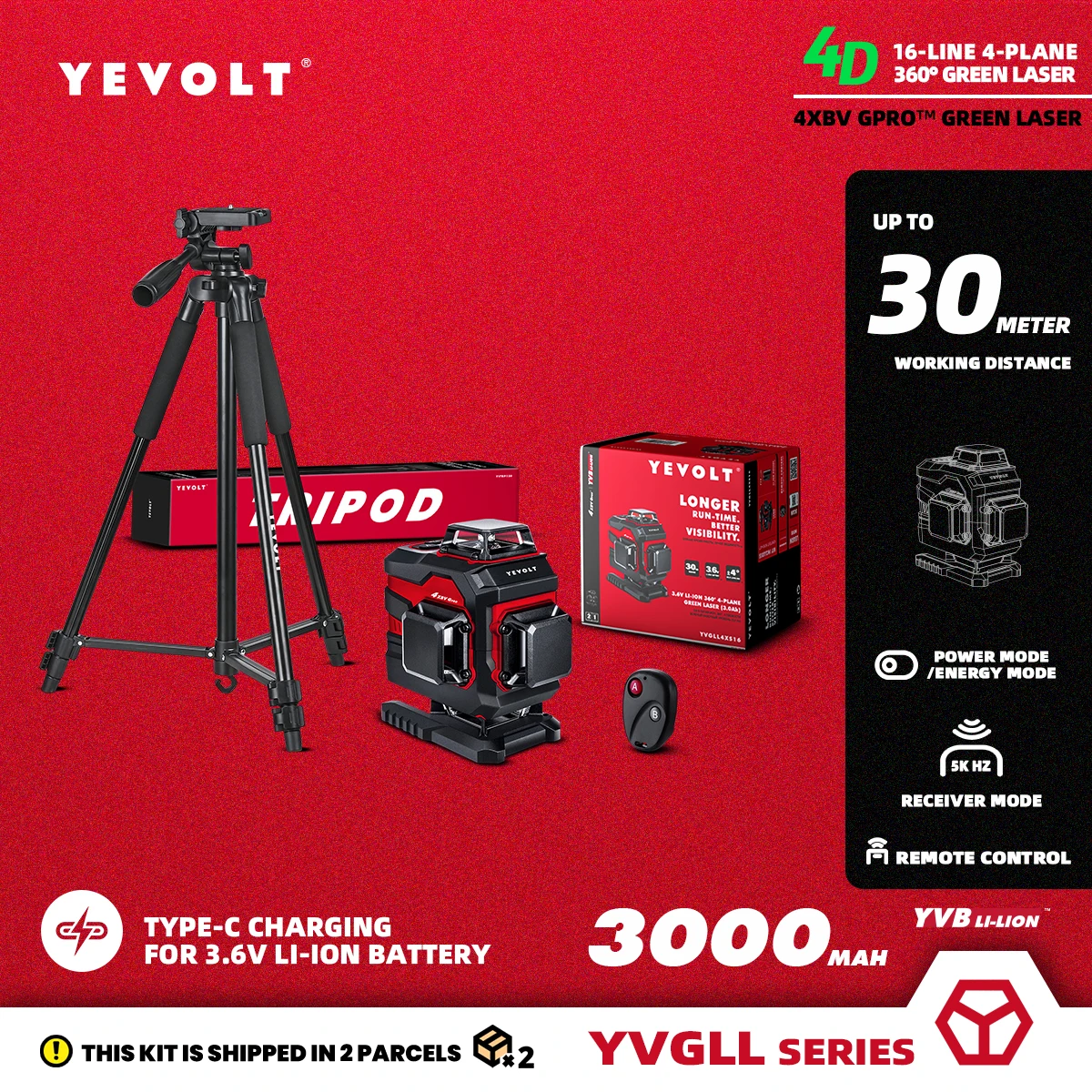 

YEVOLT TP-YVGLL4XS16 4-Plane Green Laser Level 4D 16-Line Self-Leveling 360 Ground Line Horizontal & Vertical Tools -1.5m Tripod