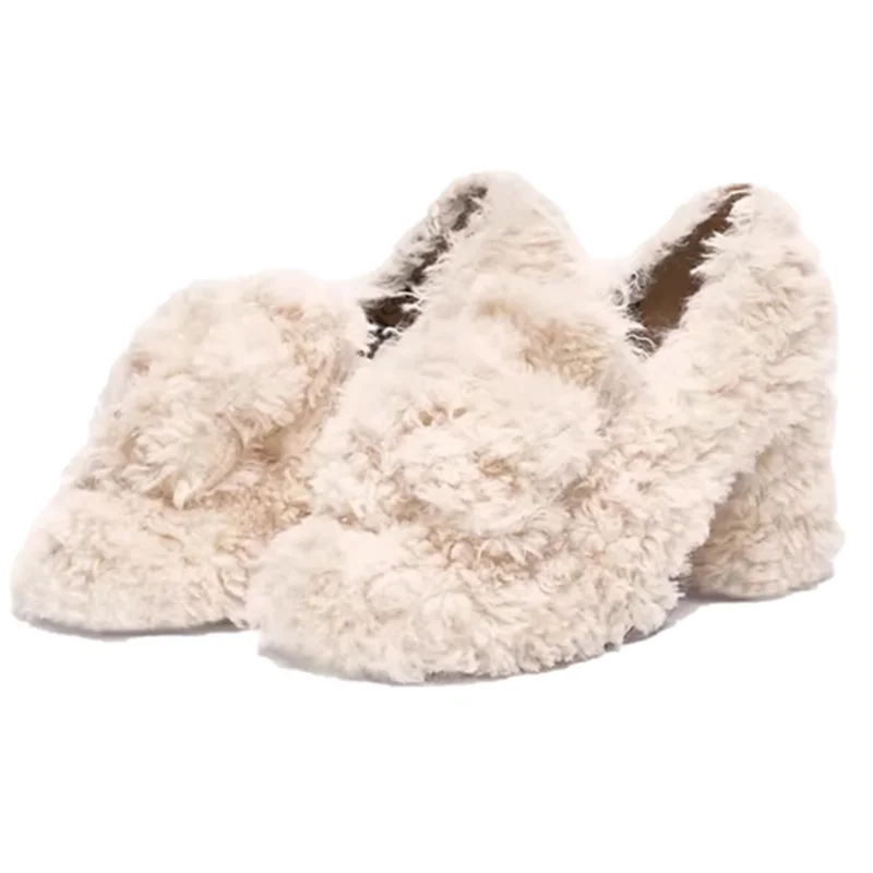 

White Plush Shoes High Heels Women's Pumps 2024 New Outerwear Wool Floral Thick Heels Mary Jane Single Shoe