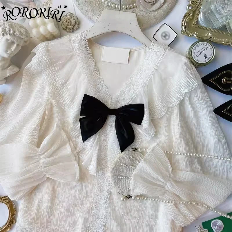 

RORORIRI Lolita Lace Ruffle V-neck Chiffon Shirt Women Puff Long Sleeves Embroidered Textured Blouse Top Medieval Retro Clothes