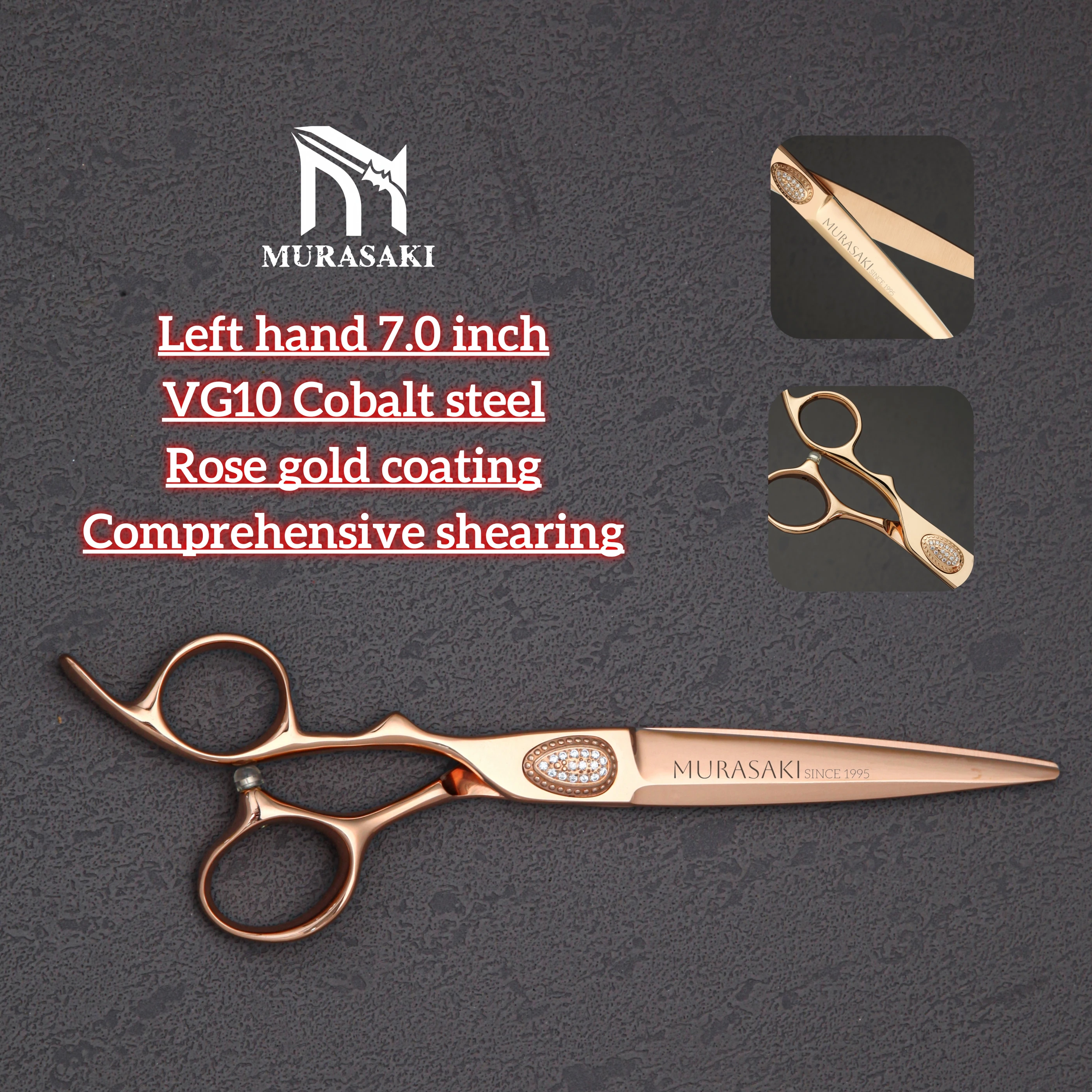MURASAKI 전문가용 왼손 가위, 6.0-7.0인치 로즈 골드 코팅 이발사 가위, 최고급 VG10 강철 헤어 커팅 도구