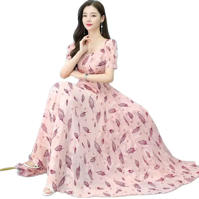 

Шифоновое жаккардовое платье с коротким рукавом, новинка весна-лето 2023, стильное облегающее и облегающее пляжное длинное платье с широкой юбкой для женщин