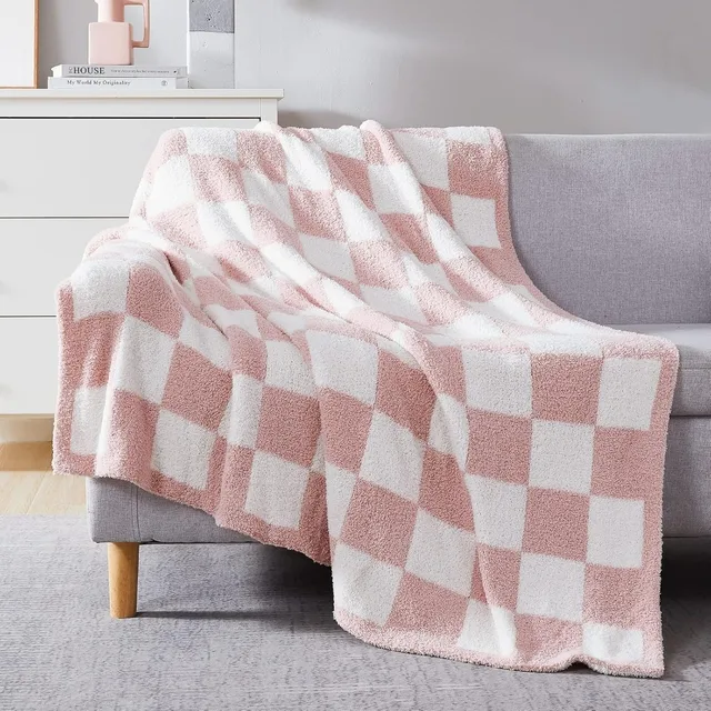 Pink Checkered Throw Blanket – Soft, Cozy & Lightweight, Perfect for Couch, Bed, or Travel (Handmade Gift Idea)