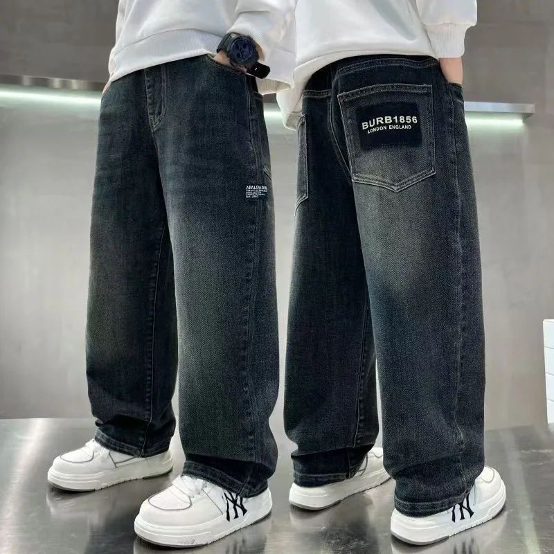 OLEKID 2026 Teenage Boys Jeans Kids Boys Letter Pockets Denim Pants Junior Boy Pant Casual Loose Straight Trousers for 4-14Y Boy - 2