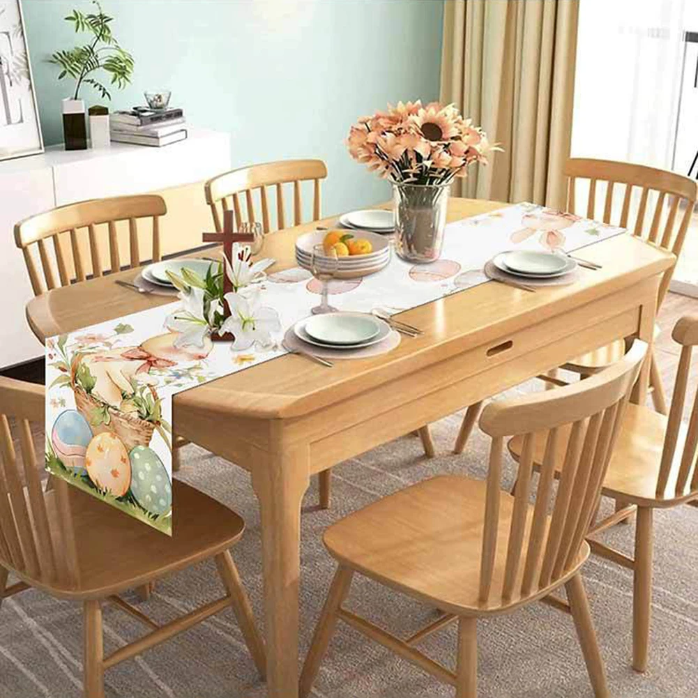 Easter Bunny Eggs Linen Table Runner Easter Rabbit Table Runner Washable Bunny Dining Table Cloth Placemat Holiday Party Decor