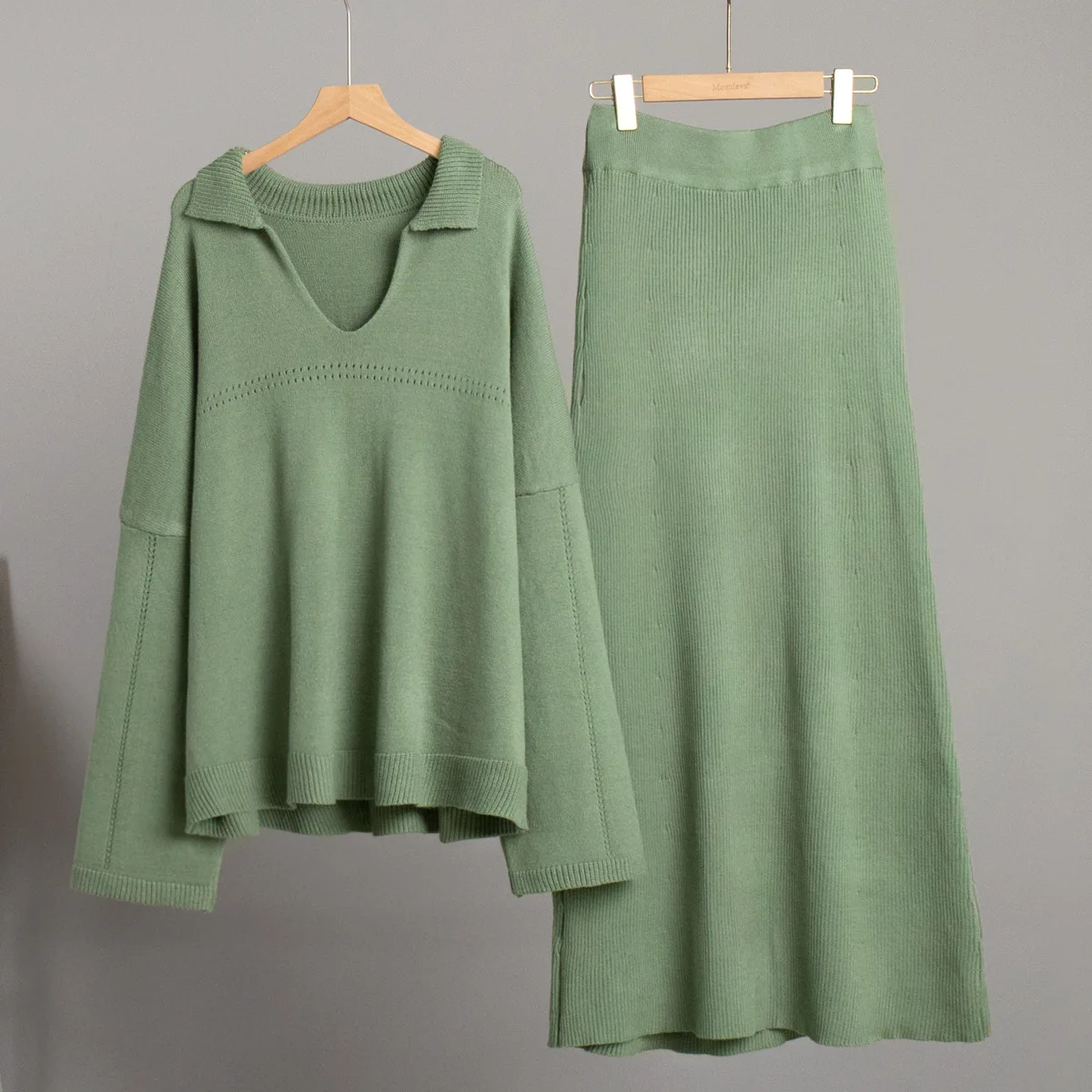 Autumn 2 Piece-Set Maxi Skirt Female V-Neck Loose Patchwork Fashion Pullover And Long Skirt Sets Elegant Ladies Outfits