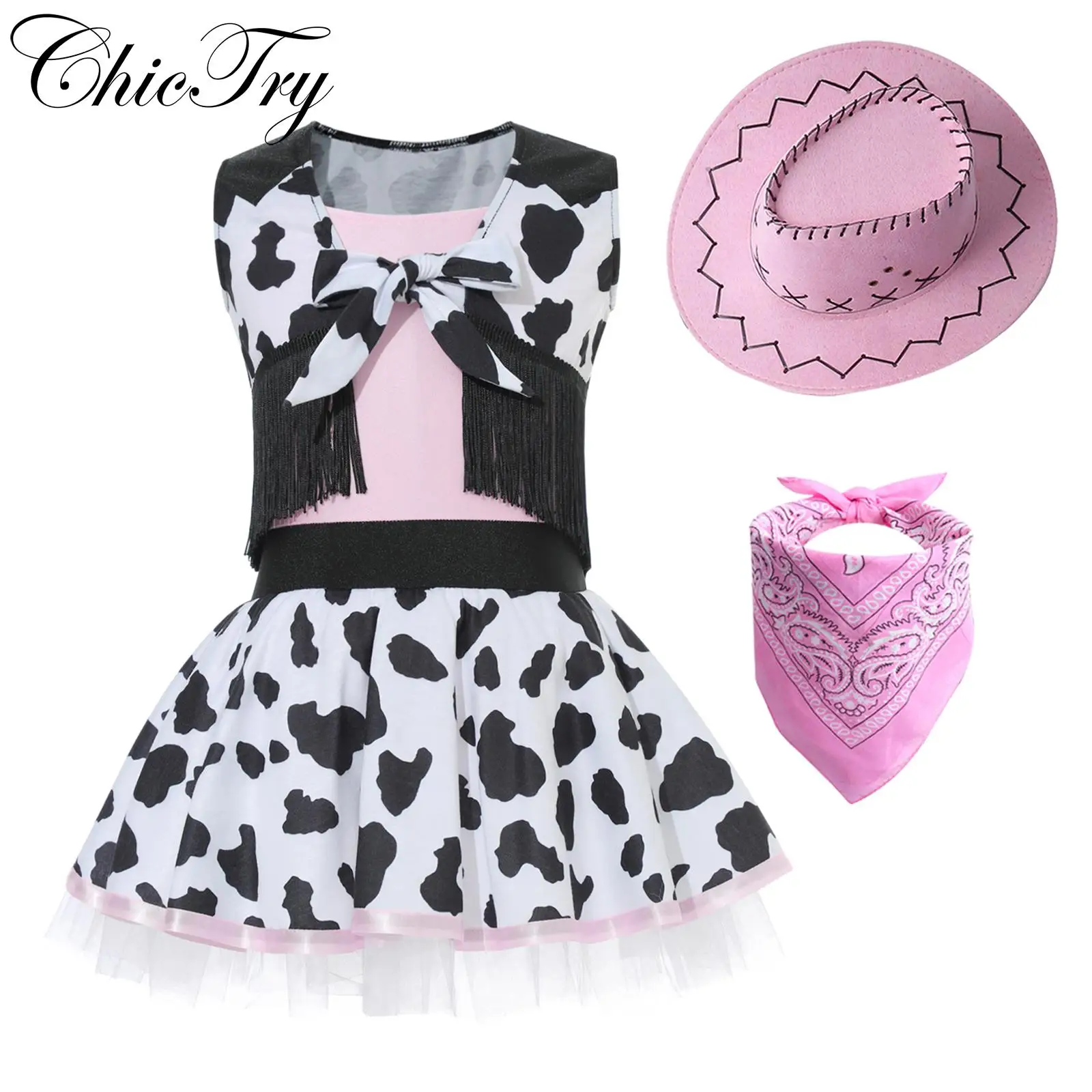 

3pcs Cowgirl Costume Sets Girls Kids Sleeveless Tutu Dress with Cow Print and Felt Drawstring Hat Halloween Carnival Dress Up