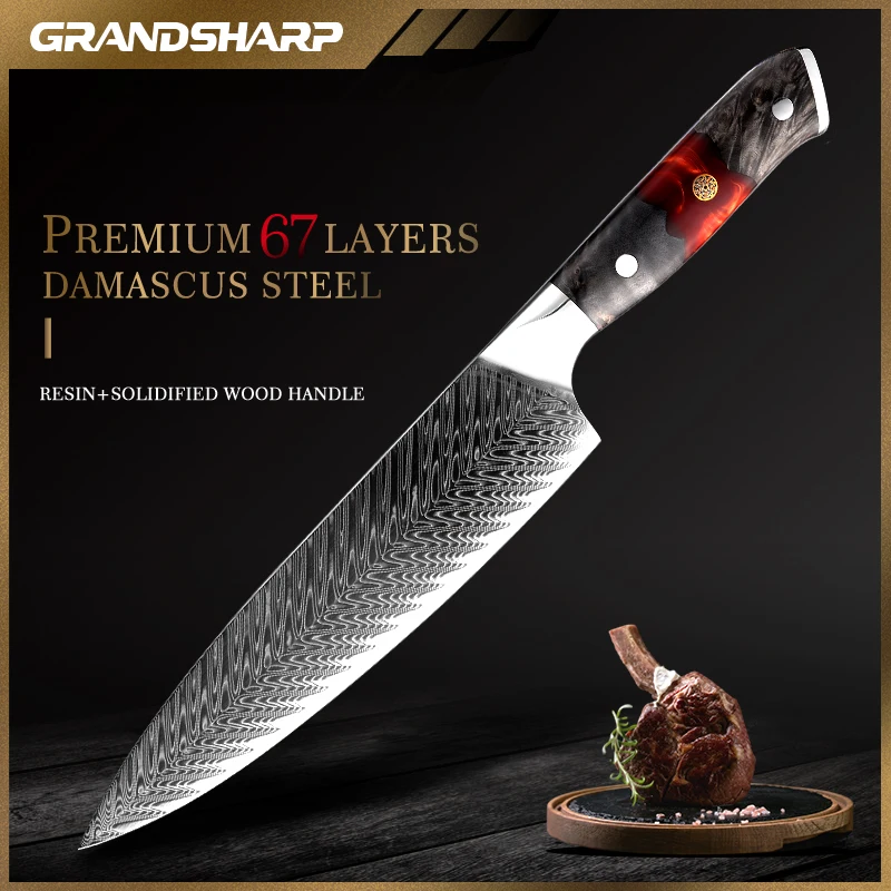 

8 Inch Damascus Chef Knife AUS-10 Japanese High Carbon Steel Kitchen Knife Meat Cleaver Fish Vegetables Cutter Knives Grandsharp