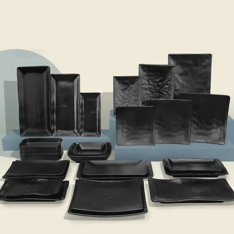 Matte Black Plate Melamine Tableware Snack Plate Square Plastic Dinner Kitchen Supplies Commercial Rotisserie Side Dishes