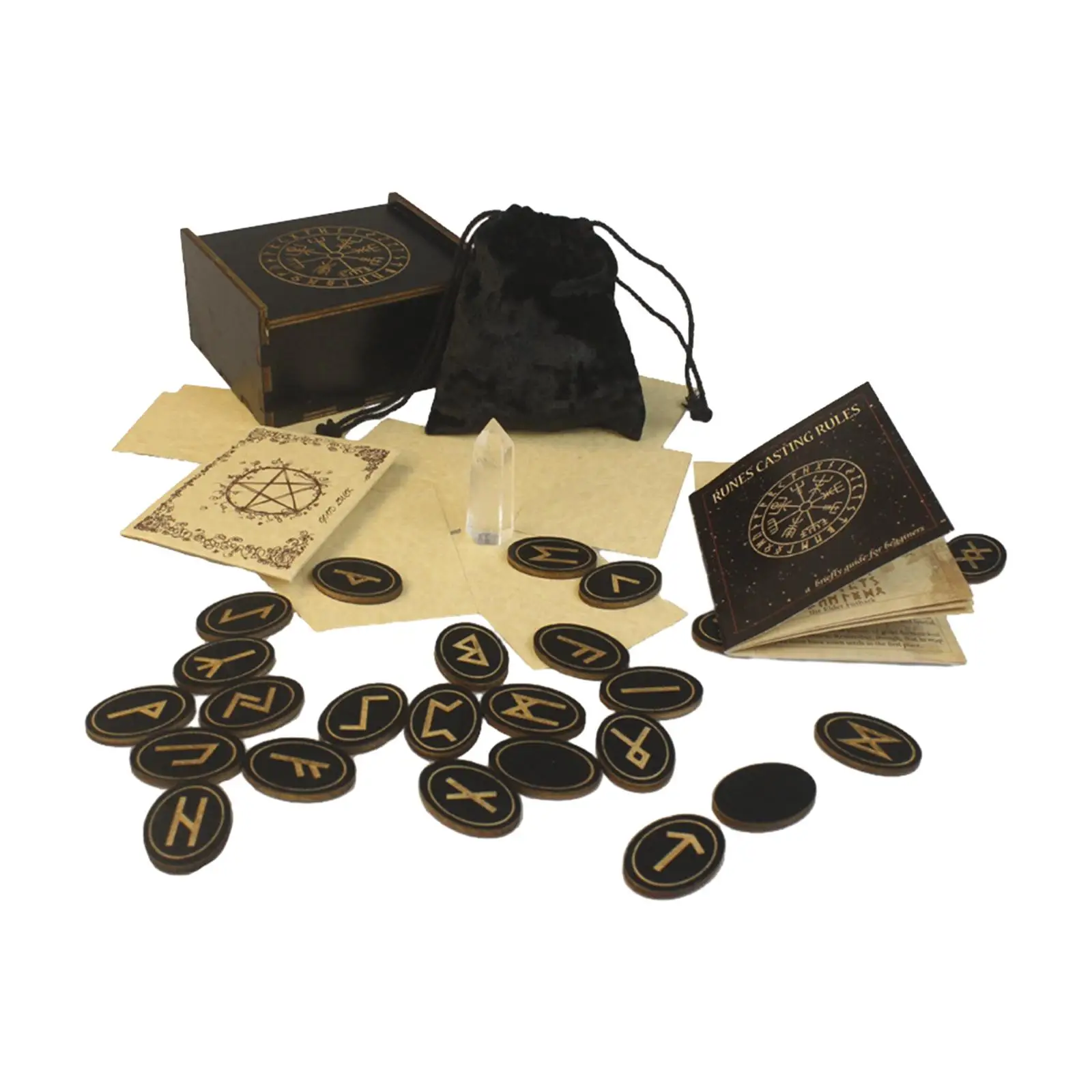 

Wooden Rune Stones Set with Instruction Booklet for Beginners, Velvet Pouch and