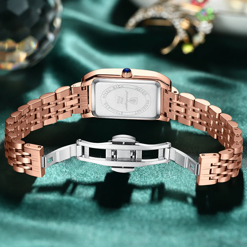 Swiss Brand New Women's Watch High Quality Rectangle Waterproof Diamond Quartz Watch Green Stainless Steel Wristwatch with Box