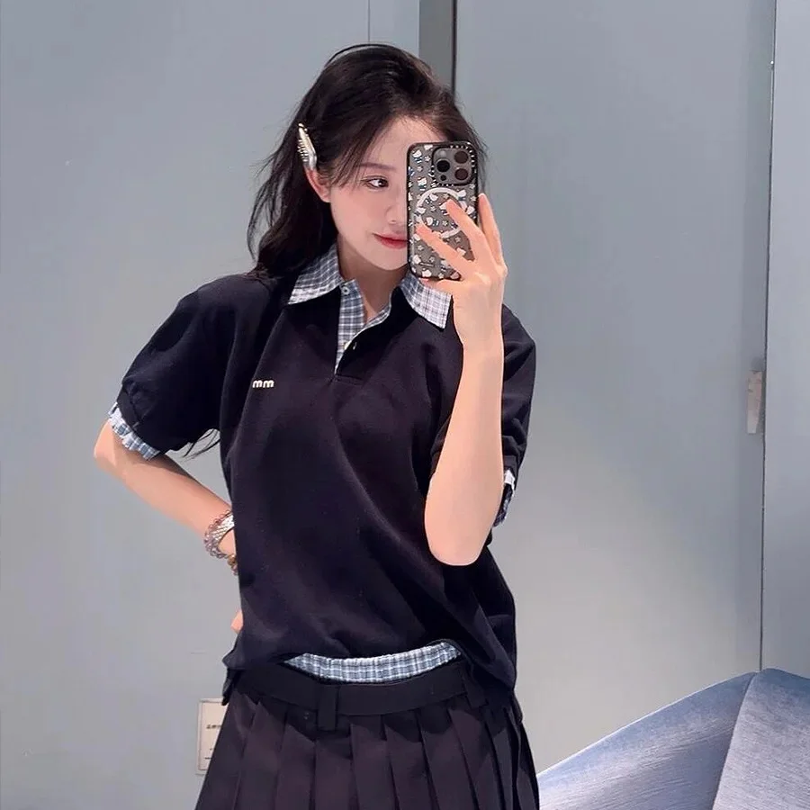 Miu Style Layered Plaid Series Patchwork Fake Two-Piece POLO