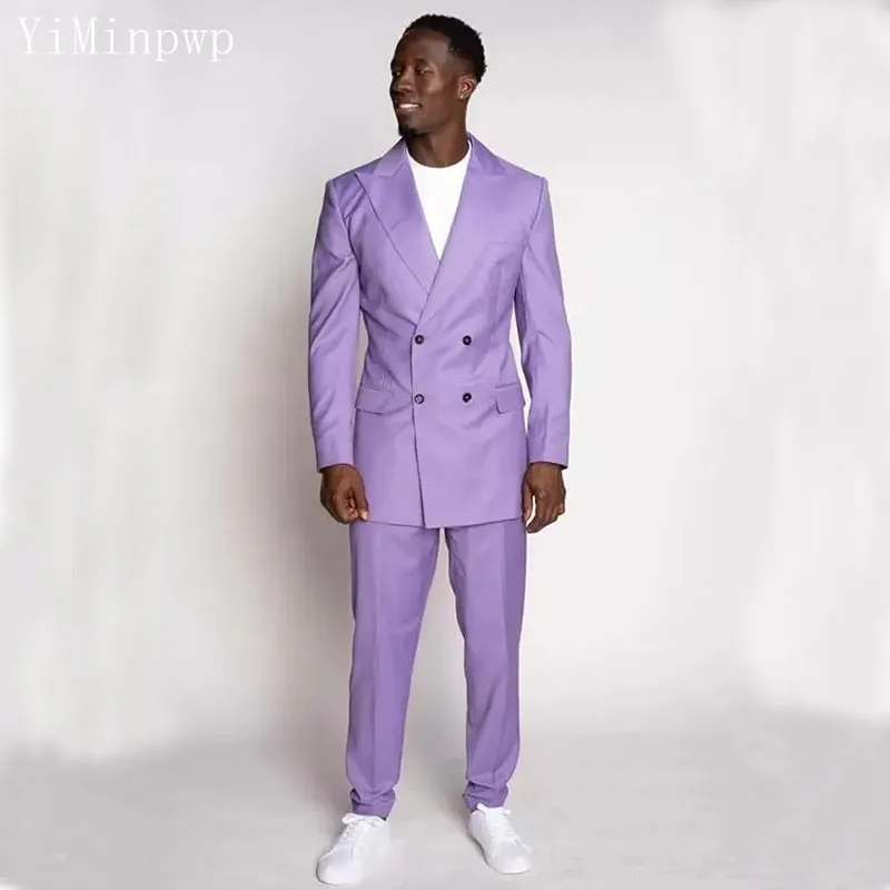 

Light Purple Men Suits 2 Pieces Peaked Lapel Double Breasted Blazer Sets Prom Party Mens Wear costume homme Jacket+Pant