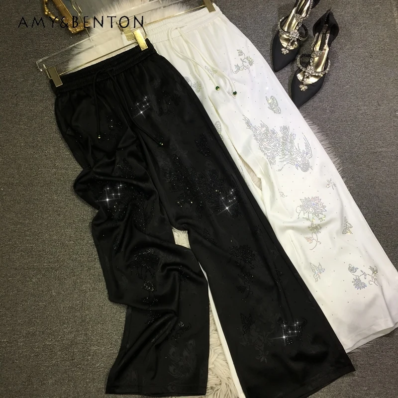 Heavy Industry Rhinestone Straight Trousers Women's New Chinese Style Silky Satin Cool Trousers Summer Versatile Pants Female 2023 summer wide leg jeans women flanging rhinestone high waist slimming loose straight cotton all match luxury blue trousers 23