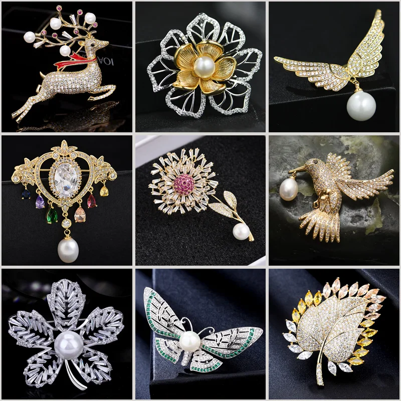 

New Fashion Freshwater Pearl Brooches for Women Luxury Cubic Zirconia Flower Animal Insect Brooch Pin Female Accessories Broche