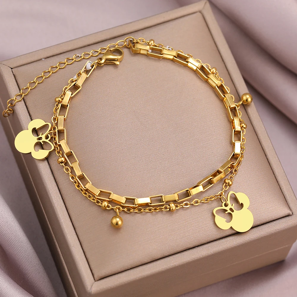 Stainless Steel Bracelets Chain Bracelet Stainless Steel Jewelry Stainless Steel Bracelets Cute Cartoon Anime Bow Mouse Pendant Bells Beads Layer Chain Bracelet For Women Jewelry Party Gifts