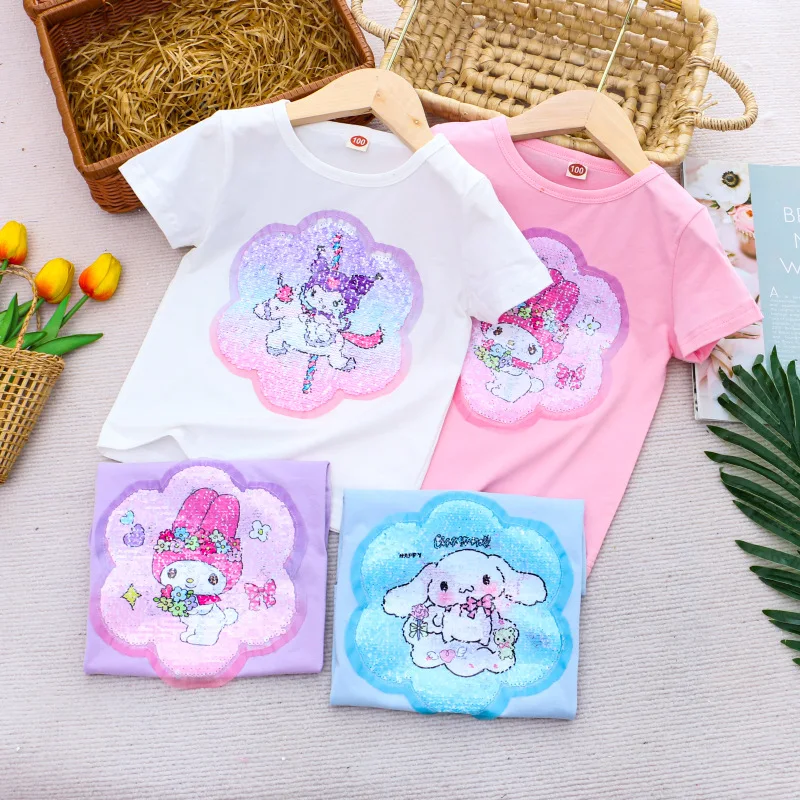 

2024 Summer Kawaii My Melody Cinnamoroll Anime Sanrio Children Short-Sleeved T-Shirt Cute Cartoon Base Shirt Clothing Kids Gift
