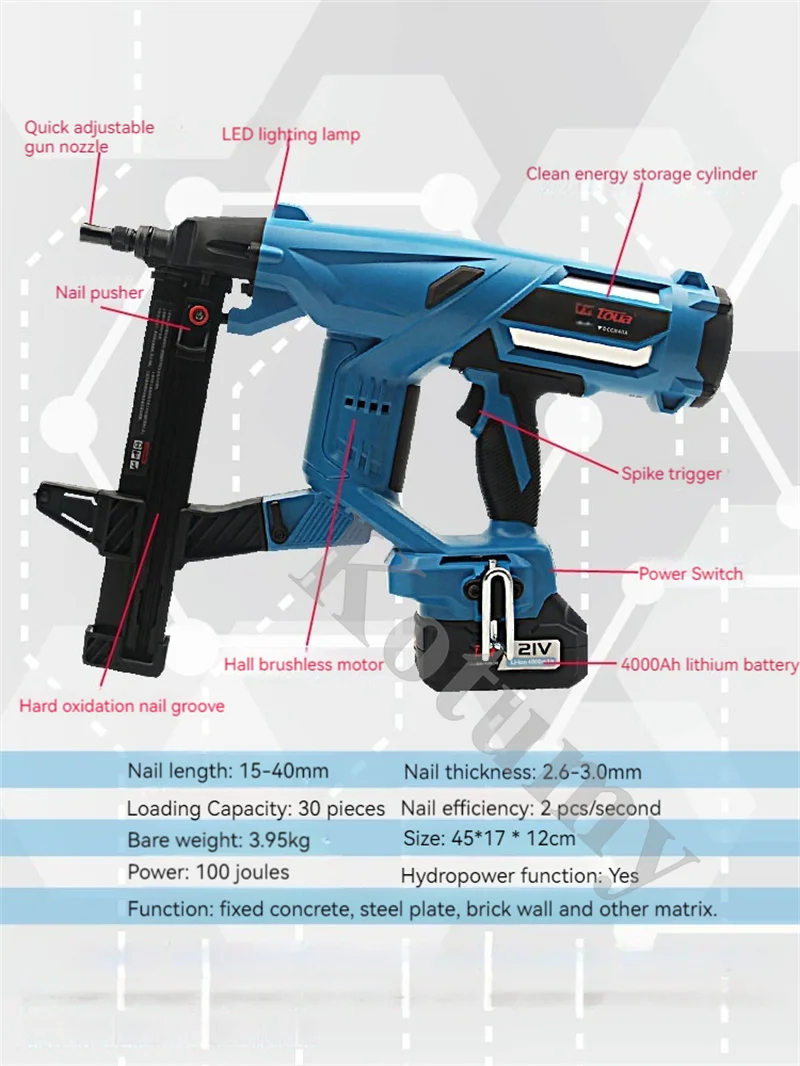 리튬 배터리 네일건 무선 전동 스틸 네일건 콘크리트 고정용 도어 및 창문 설치용