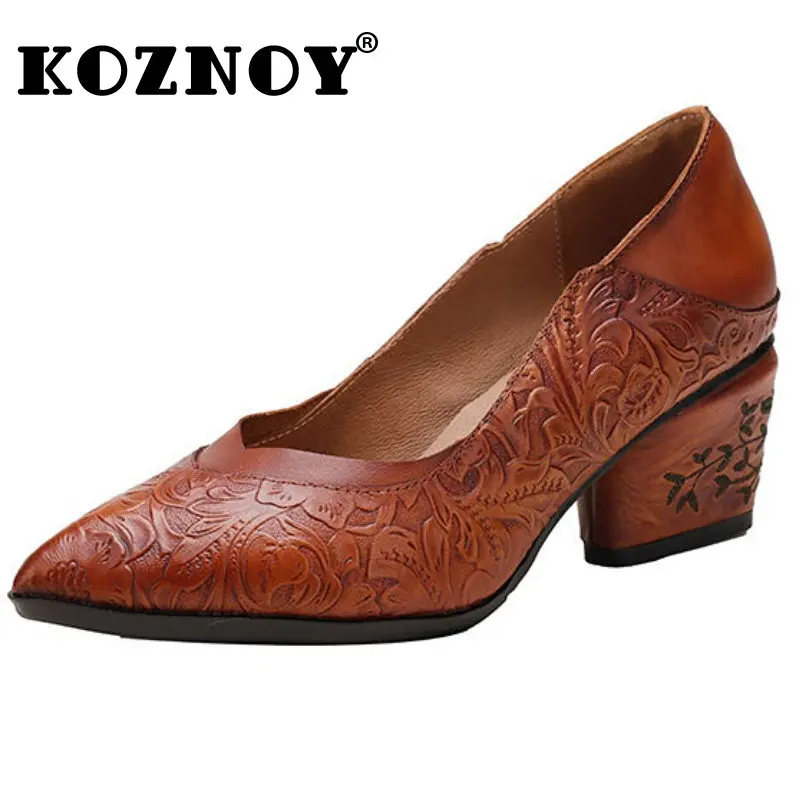 

Koznoy 4.5cm Cow Genuine Leather Summer Shoes with Heels Females Lady Slip on Embossed Point Toe Ladies Moccasins Hollow Women