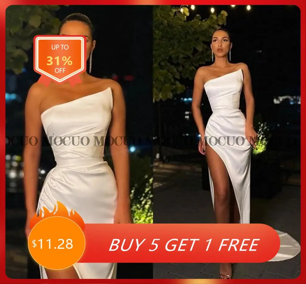 

White Elegant Strapless Evening Dresses Mermaid Side Slit Satin Prom Dresses Special Wrap Evening Gown Party Dresses
