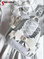 Japanese Mine Style Mass-Produced Lace Stitching Diamond Bow Ruffles Cat Ear Pu Sweet Cute Lolita Kawaii Zipper Backpack Women 1