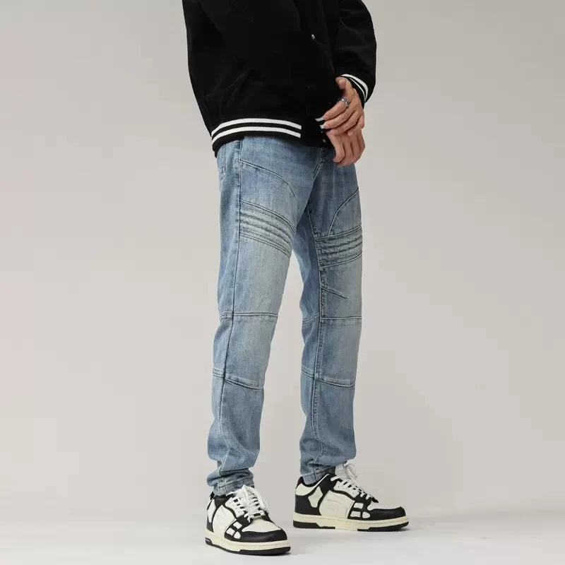 High Street Fashion Men Jeans Retro Light Blue Spliced Designer Biker Jeans Men Elastic Stretch Slim Fit Hip Hop Pants Hombre