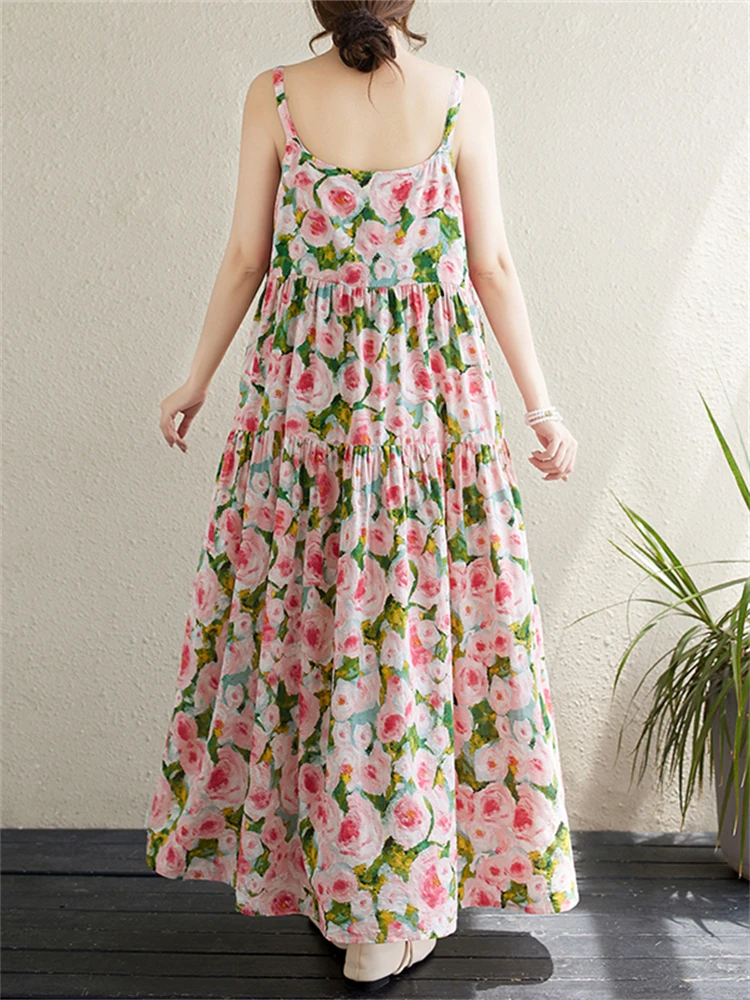 Cotton Vintage Sleeveless Spaghetti Strap Dresses For Women 2025 New Summer Casual Long Dress Holiday Beach Femme Robe Clothing