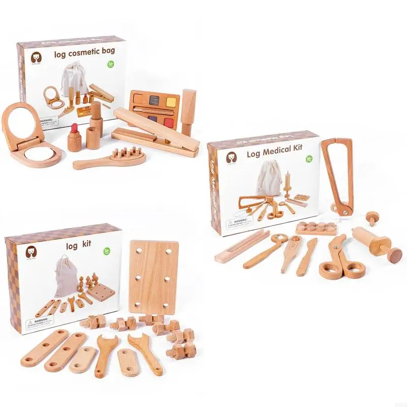 Simulation Cosmetic Bag/Medical Kits Children Pretend for Play Wooden Toy Sensory Playset Toddler Gif E65D