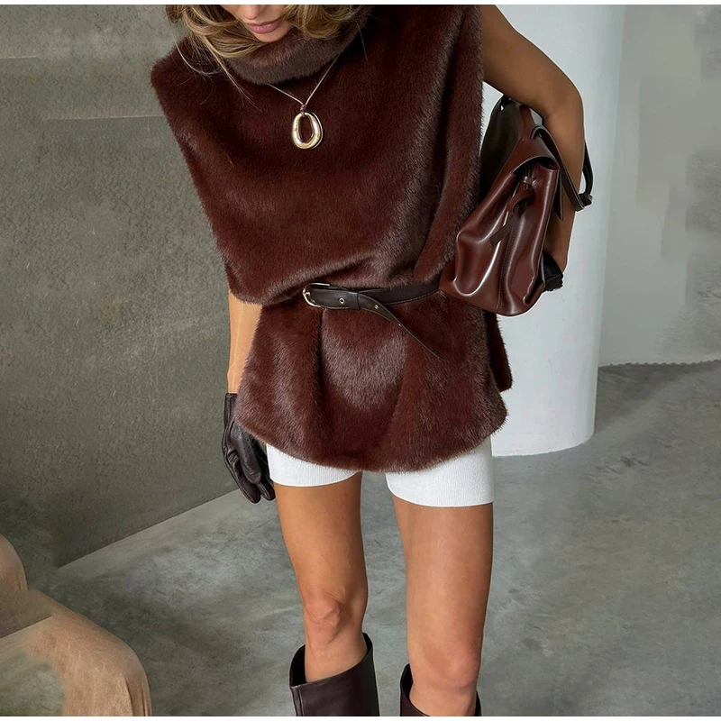 Women Solid Stand Collar Faux Fur Vest Chic High Collar Sleeveless Loose Short Waistcoat Casual 2025 Lady Daily New Street Vests